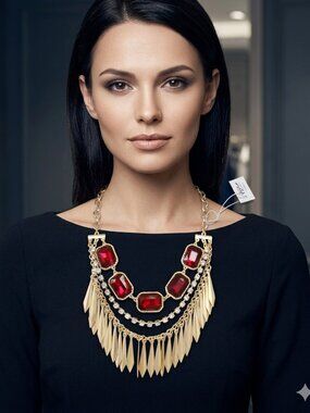 Bijou red gold red resin  "emerald-cut" stones, and clear rhinestone necklace